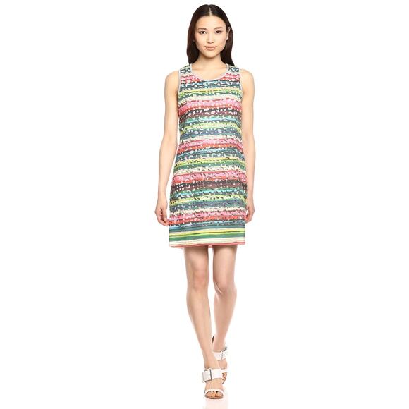 DESIGUAL Phoenix Shift Mini Dress Sleeveless Laser Cut Striped Rainbow Women's M - Picture 2 of 14